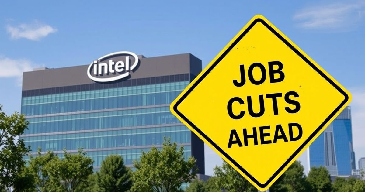 Intel headquarters with a sign indicating upcoming job cuts