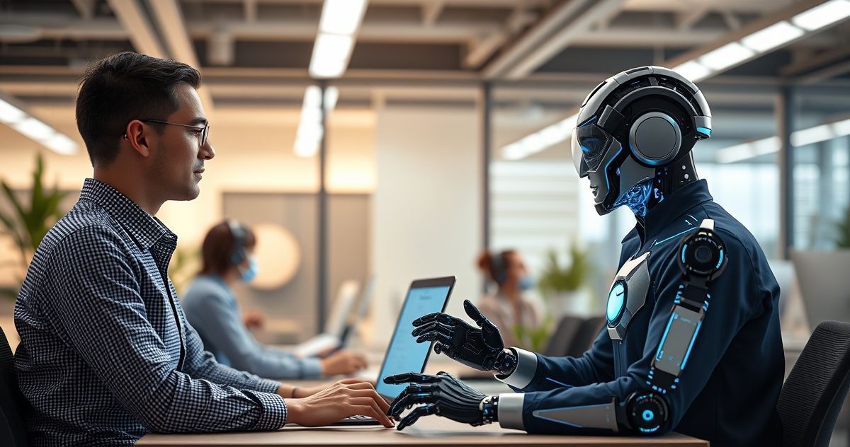 human employees collaborating with AI agents in a modern office setting.